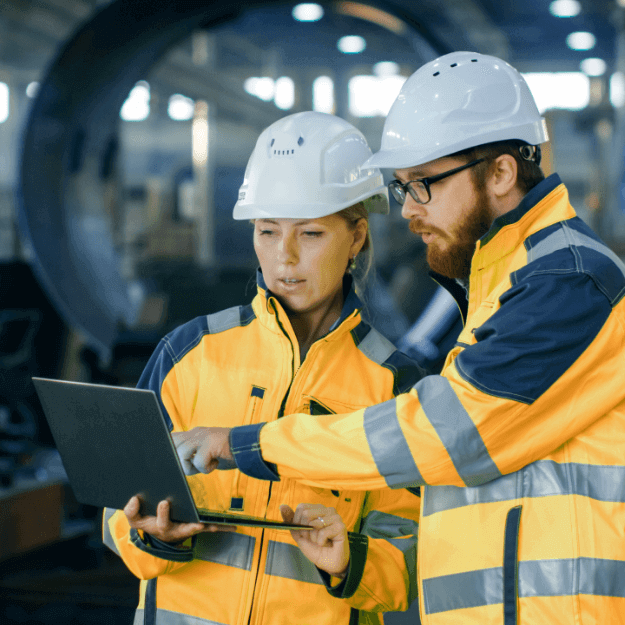 Industrial Engineers Checking Laptop In Factory
